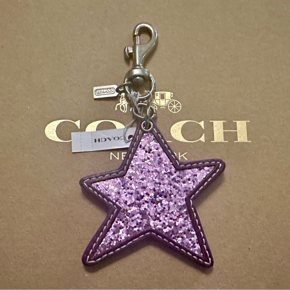 Coach Glittered Slanted Star Leather Keychain Fob Bag Charm - Picture 1 of 7